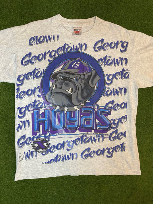 90s Georgetown Hoyas - Print All Over - Vintage College T-Shirt (Large)