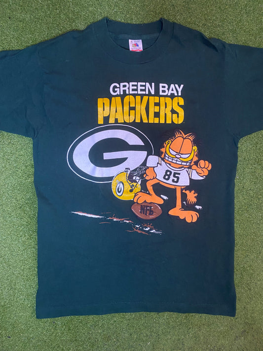 90s Green Bay Packers - Garfield Crossover - Vintage NFL T-Shirt (Medium)