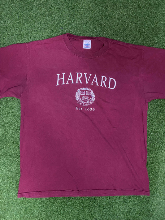 90s Harvard Crimson - Vintage Ivy League Tee Shirt (Large) - Gametime Vintage