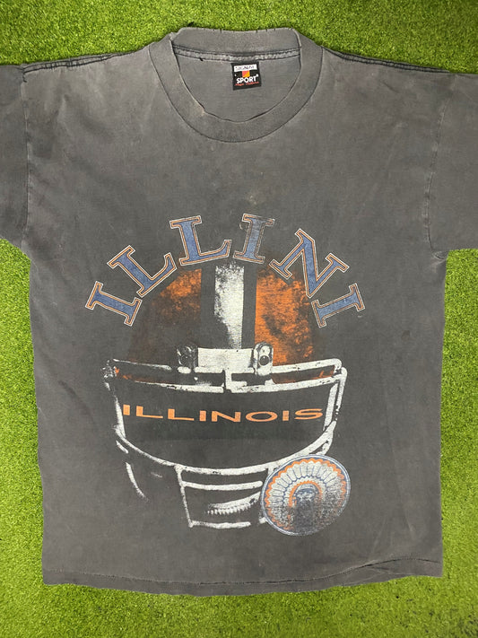 90s Illinois Fighting Illini - Vintage College T Shirt (Large) - Gametime Vintage