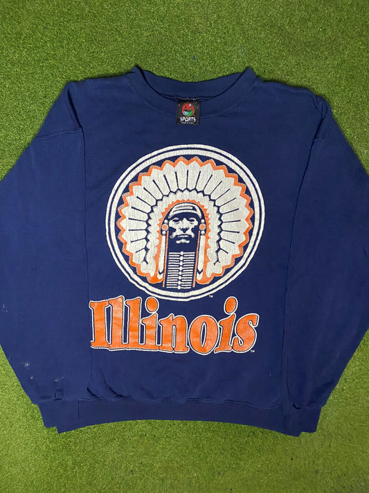 90s Illinois Fighting Illini - Vintage College Crewneck Sweatshirt (Large)