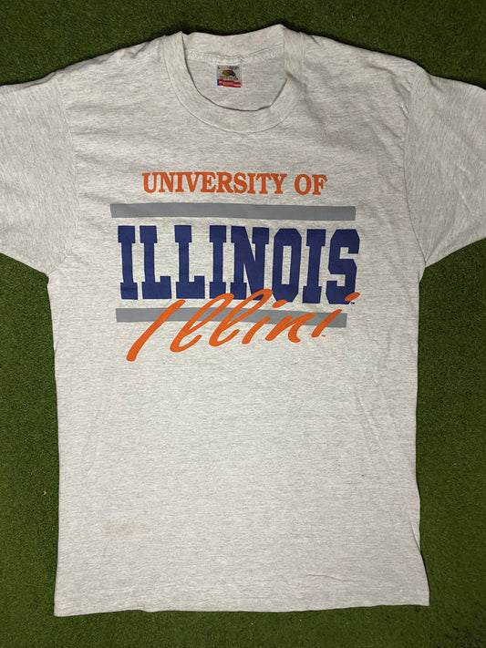 90s Illinois Fighting Illini - Vintage College T Shirt (Large) - Gametime Vintage