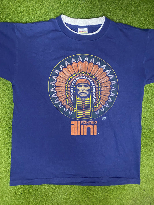 90s Illinois Fighting Illini - Vintage College Ringer T-Shirt (Large) - Gametime Vintage