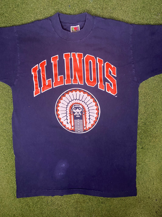 90s Illinois Fighting Illini - Vintage College T Shirt (Medium)