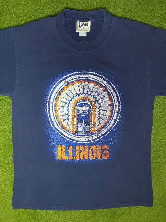 90s Illinois Fighting Illini - Vintage College T Shirt (Large) - Gametime Vintage