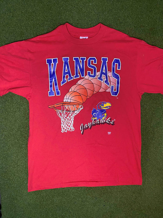 90s Kansas Jayhawks - Vintage College Basketball Tee Shirt (XL)