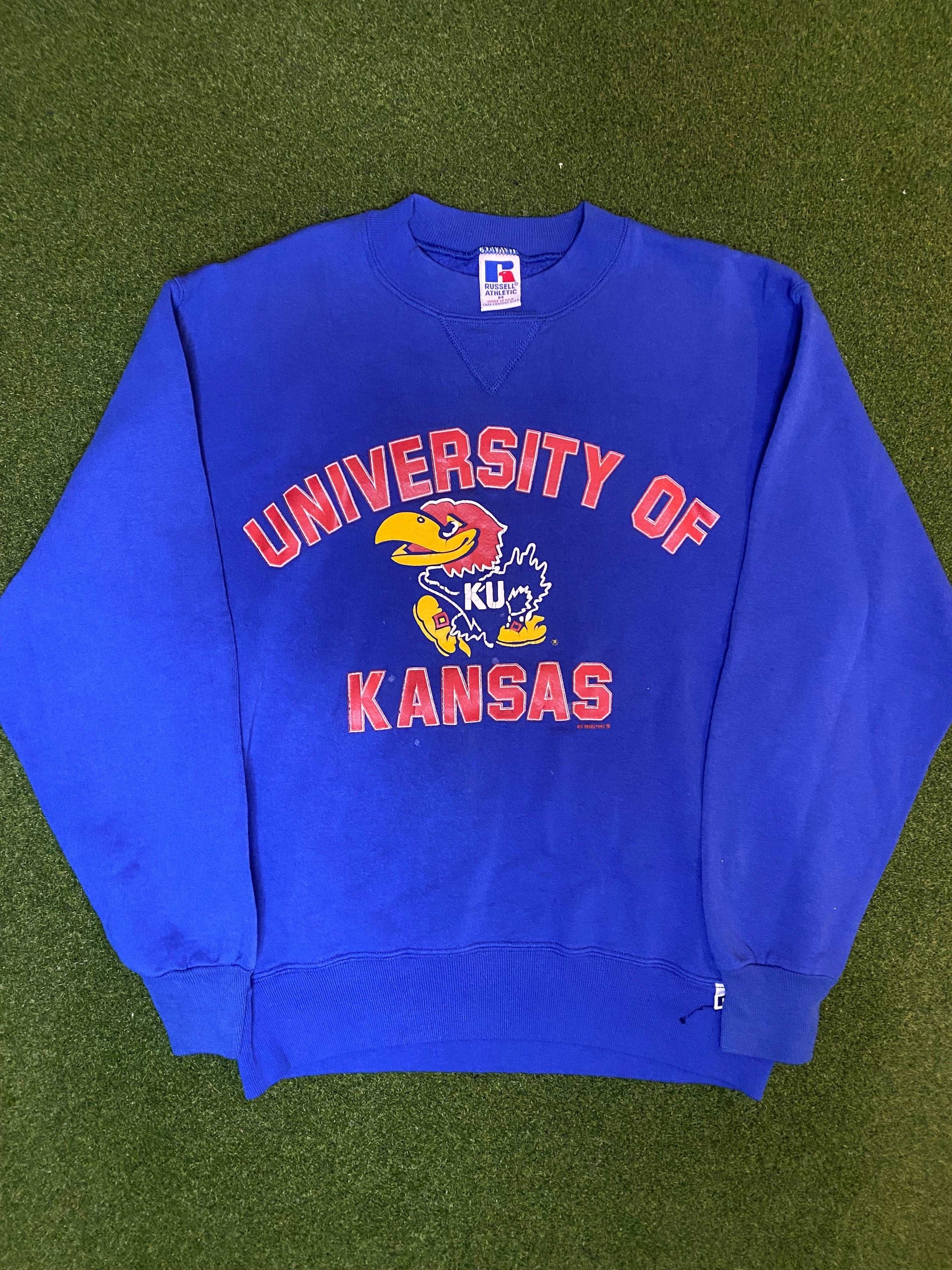 90s University of Kansas Jayhawks - Vintage College Crewneck Sweatshirt (Medium)