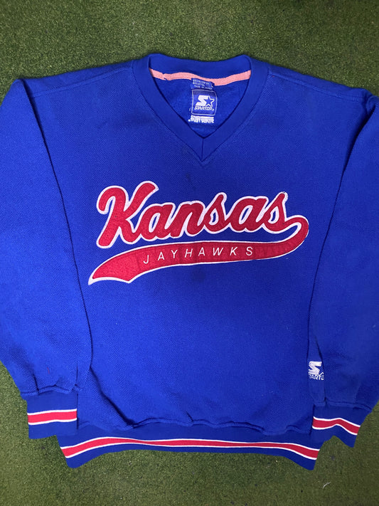 90s Kansas Jayhawks - Vintage College Sweatshirt (Large) Gametime Vintage