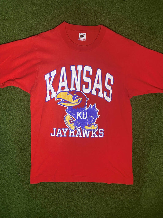 90s Kansas Jayhawks - Big Logo - Vintage College Tee Shirt (Medium) Gametime Vintage