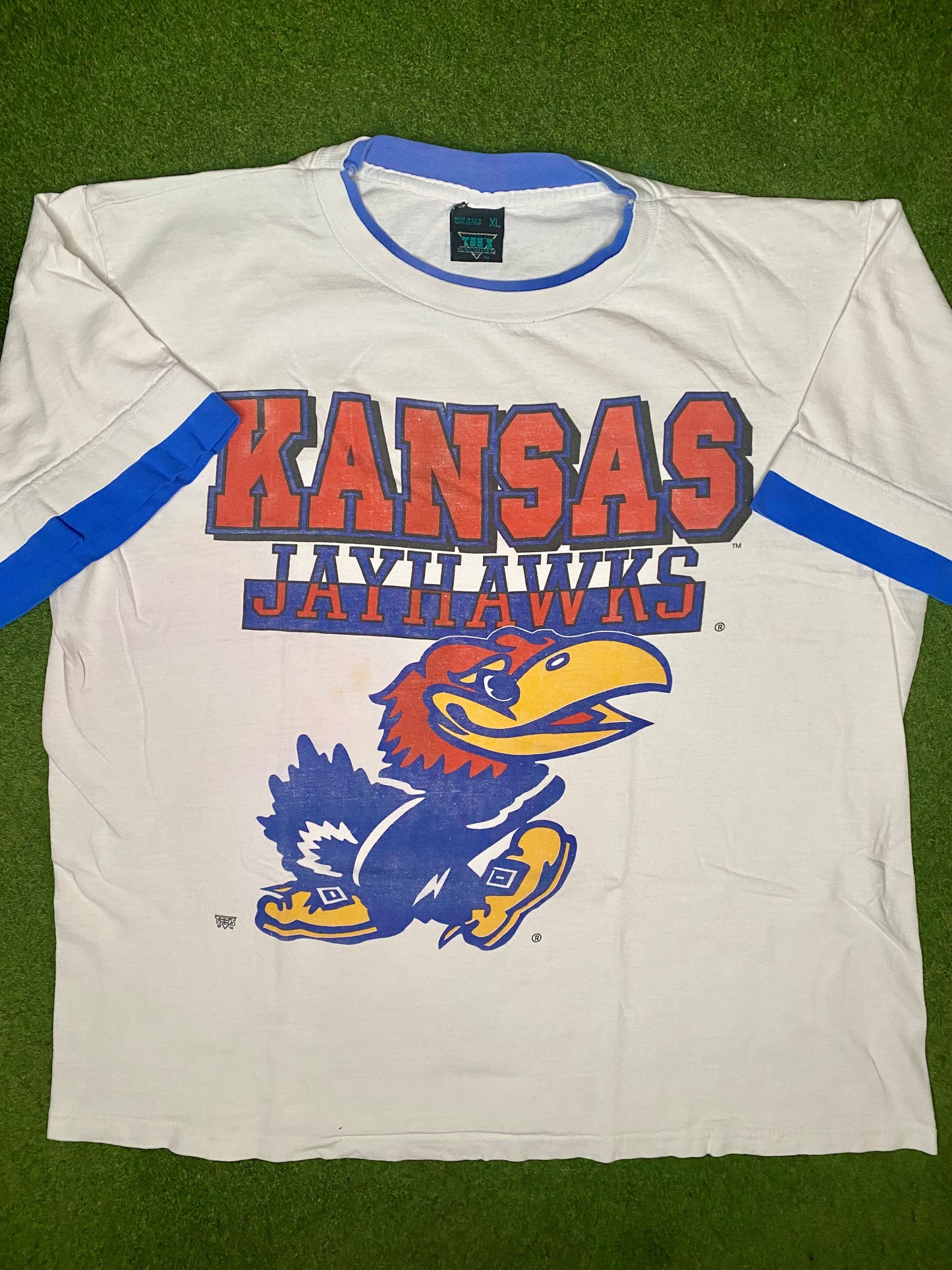 90s Kansas Jayhawks - Vintage College Ringer T Shirt (XL)