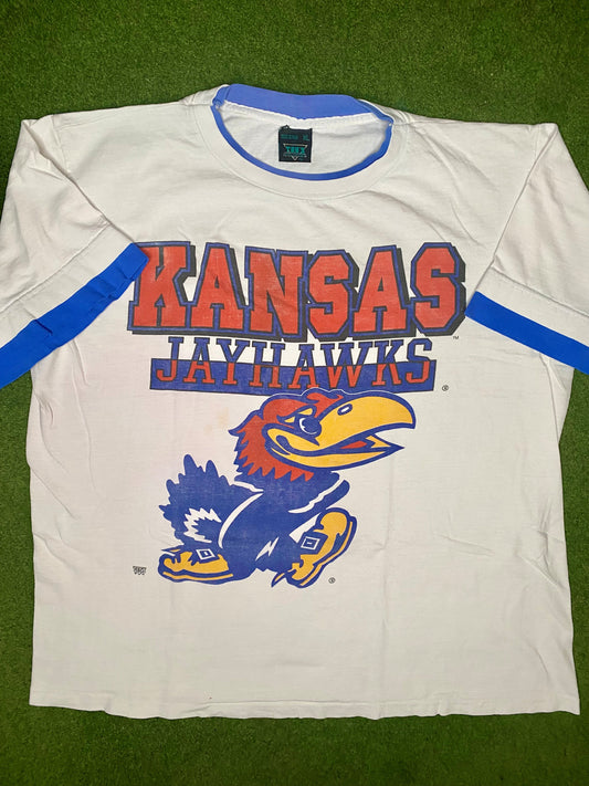 90s Kansas Jayhawks - Vintage College Ringer T Shirt (XL)