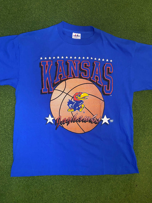 90s Kansas Jayhawks - Vintage College Basketball Tee Shirt (XL)