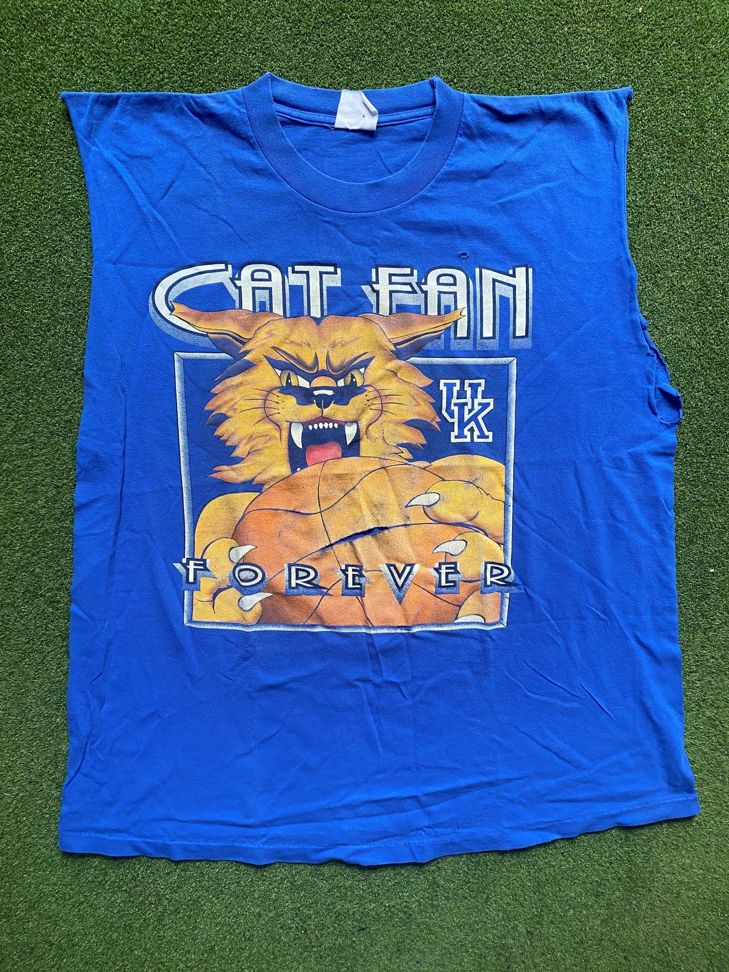 90s Kentucky Wildcats - Cat Fan Forever - Vintage College Basketball Cutoff (XL)