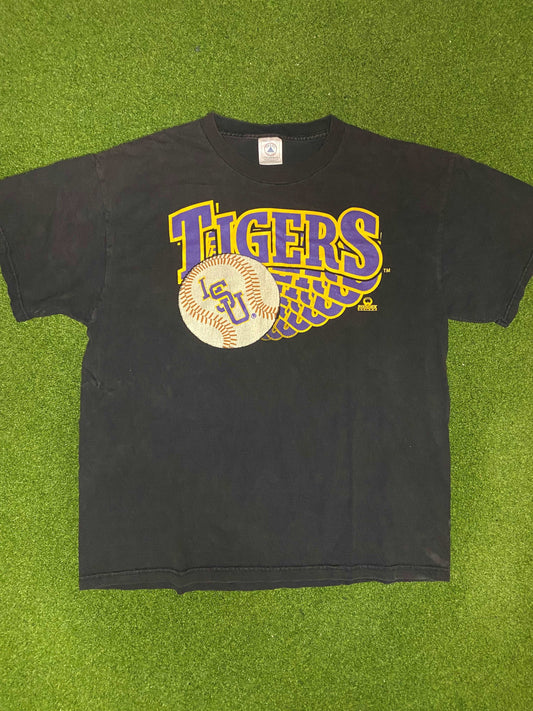 90s LSU Tigers - Baseball - Vintage College Tee Shirt (Large) Gametime Vintage