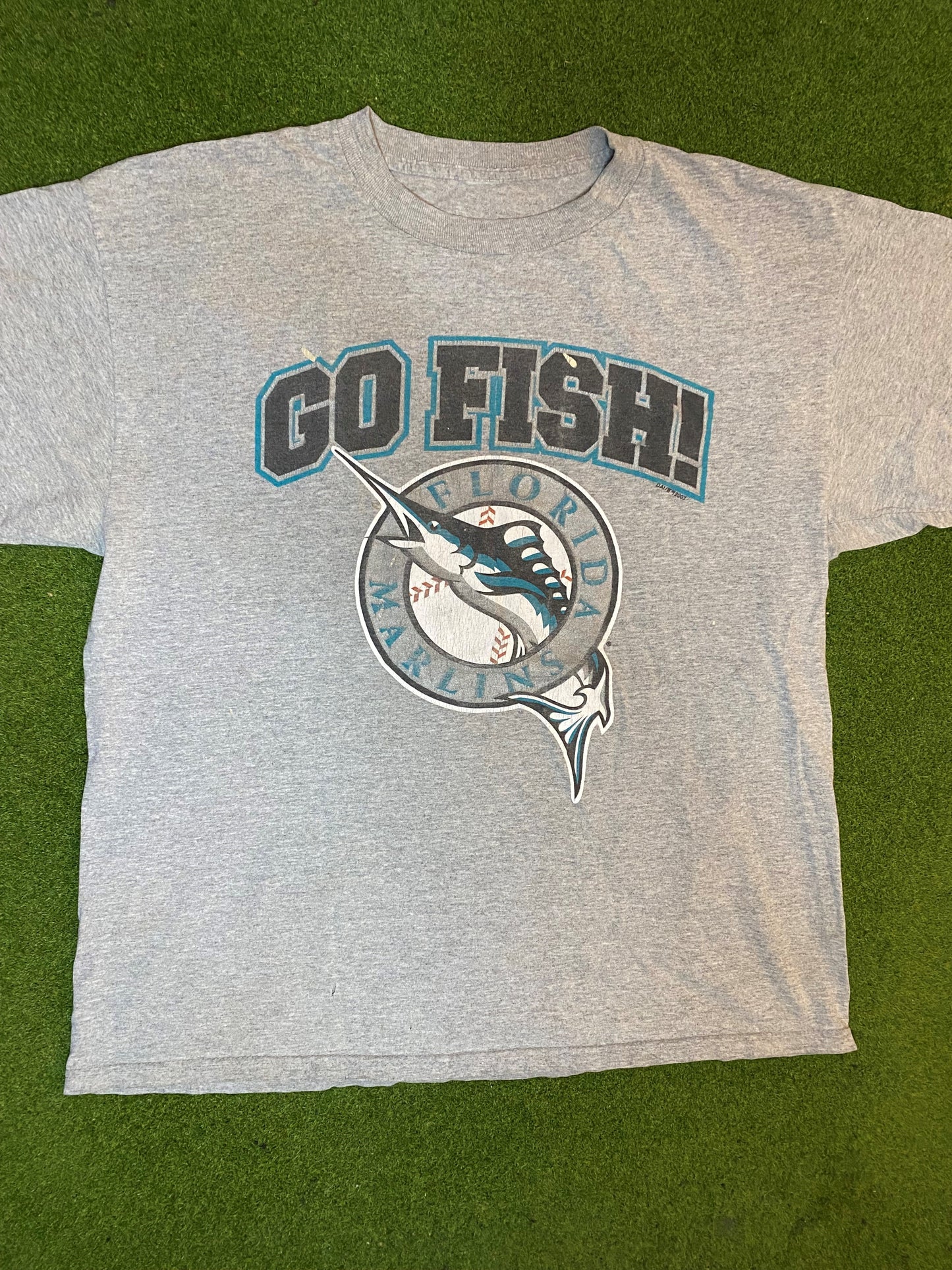 90s Florida Marlins - Go Fish - Vintage MLB T-Shirt (Large)