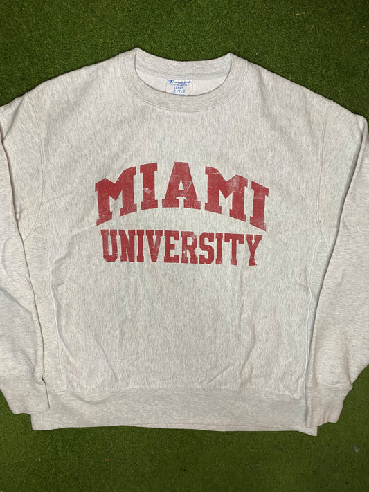 90s Miami (OH) Redhawks - Reverse Weave - Vintage College Sweatshirt (Large) 