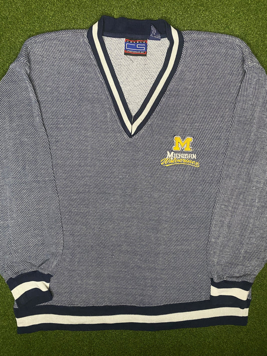 90s Michigan Wolverines - Vintage College V Neck Sweatshirt (Medium)