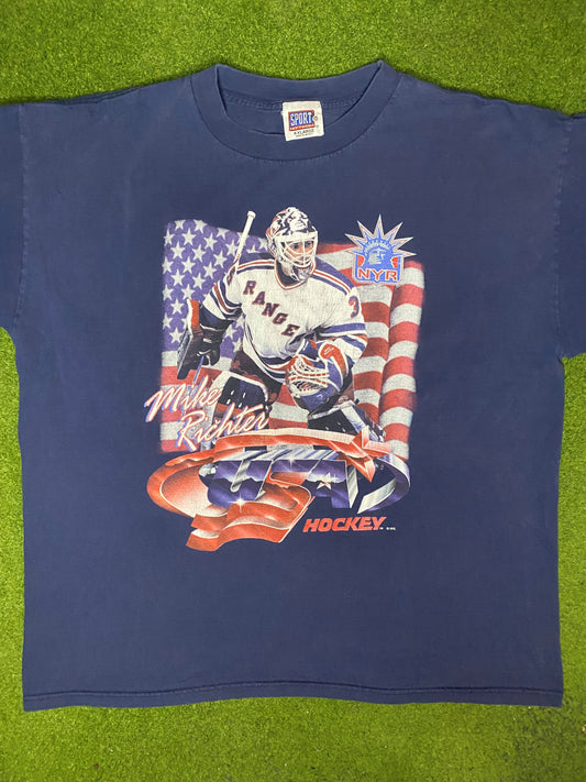 90s USA Hockey - Mike Richter - New York Rangers - Vintage NHL Player T Shirt (2XL) Gametime Vintage