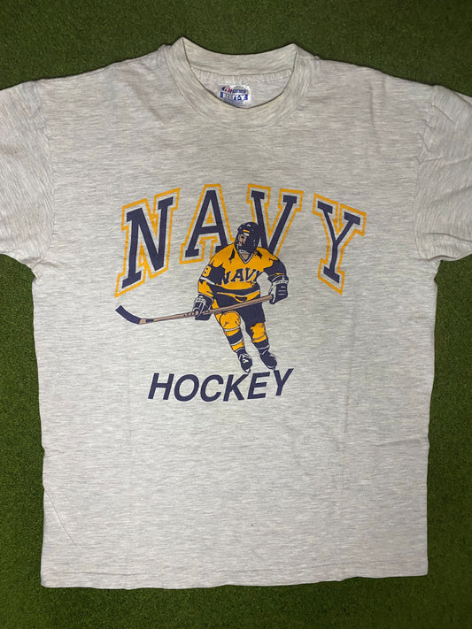90s Navy Midshipmen - Vintage College Hockey T Shirt (Large) - Gametime Vintage