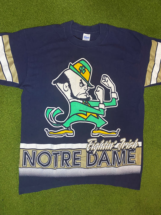 90s Notre Dame Fightin' Irish - Print All Over - Double Sided - Vintage College Tee (Large)