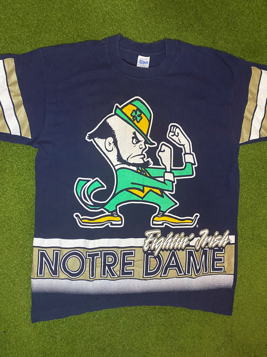 90s Notre Dame Fightin' Irish - Print All Over - Double Sided - Vintage College Tee (Large) 