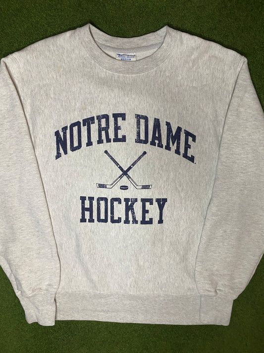 90s Notre Dame Fighting Irish - Reverse Weave - Vintage College Hockey Sweatshirt (Medium) - Gametime Vintage