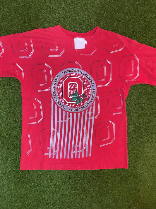 90s Ohio State Buckeyes - Print All Over - Vintage College T-Shirt (Small) Gametime Vintage