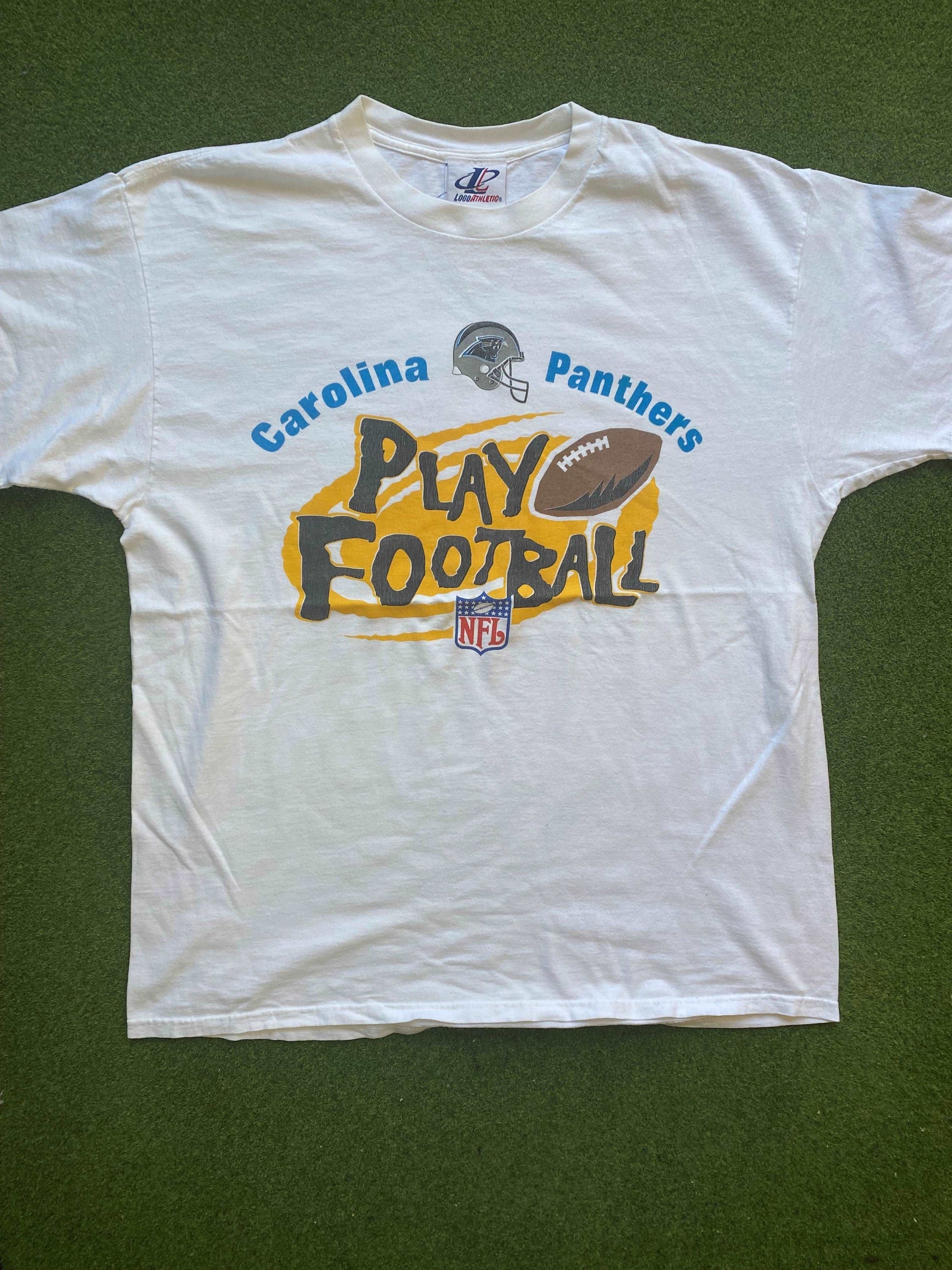 90s Carolina Panthers - Play Football - Vintage NFL T-Shirt (XL)