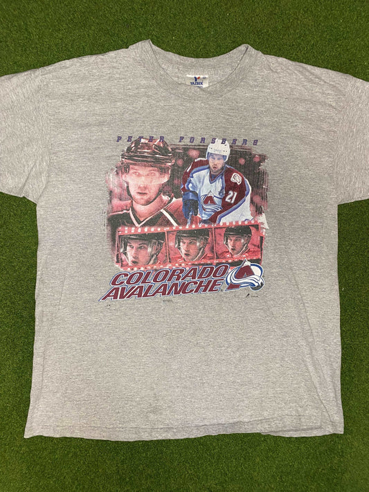 90s Colorado Avalanche - Peter Forsberg - Vintage NHL Player Tee Shirt (XL)