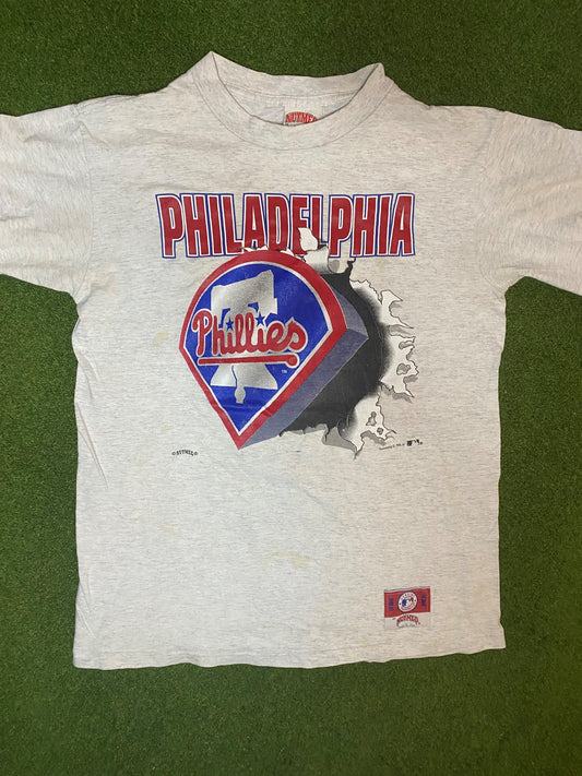 90s Philadelphia Phillies - Double Sided Break Through  - Vintage MLB T-Shirt (Youth XL)