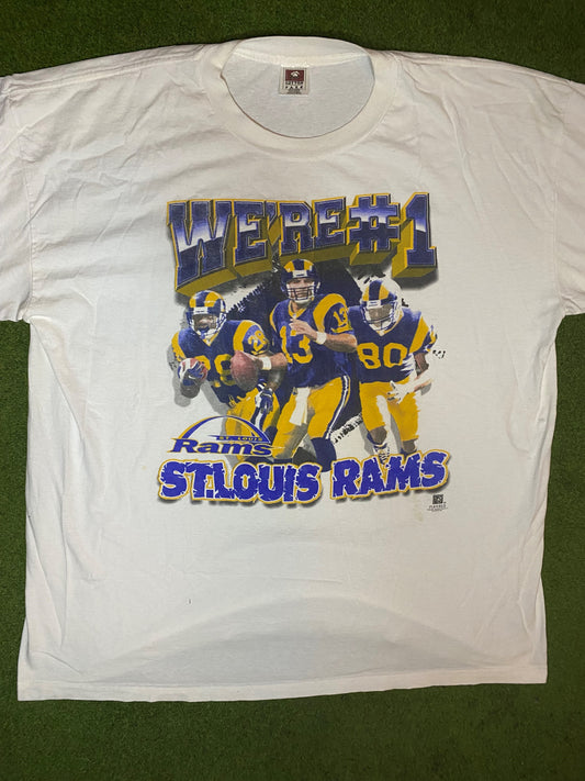 90s St. Louis Rams - Ft. Warner, Faulk and Bruce - Vintage NFL Player T-Shirt (2XL) Gametime Vintage