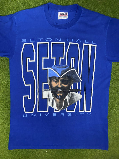 90s Seton Hall Pirates - Double Sided - Vintage College T-Shirt (Large)