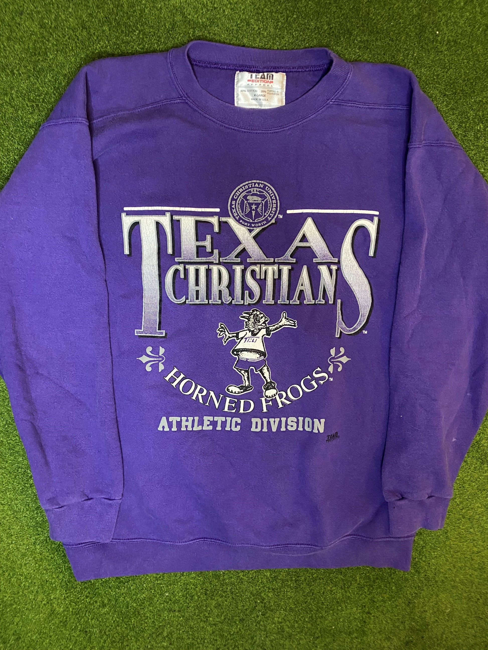 90s TCU Horned Frogs - Vintage College Crewneck Sweatshirt (XL) - Gametime Vintage
