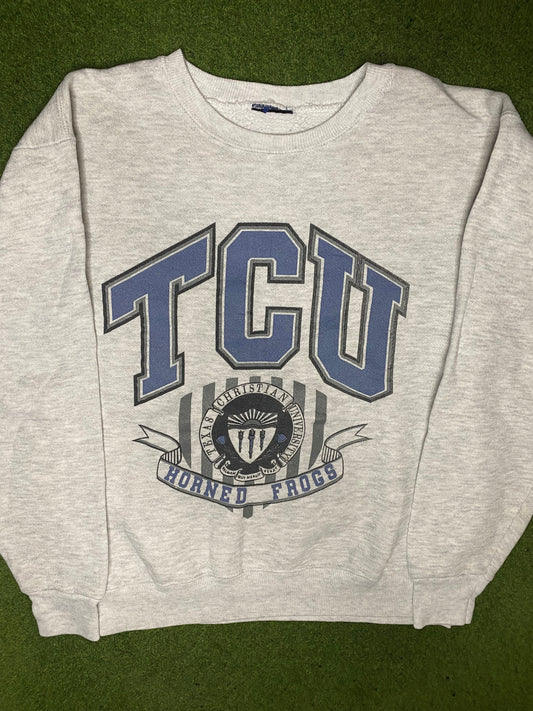 90s TCU Horned Frogs - Vintage College Sweatshirt (Small) - Gametime Vintage