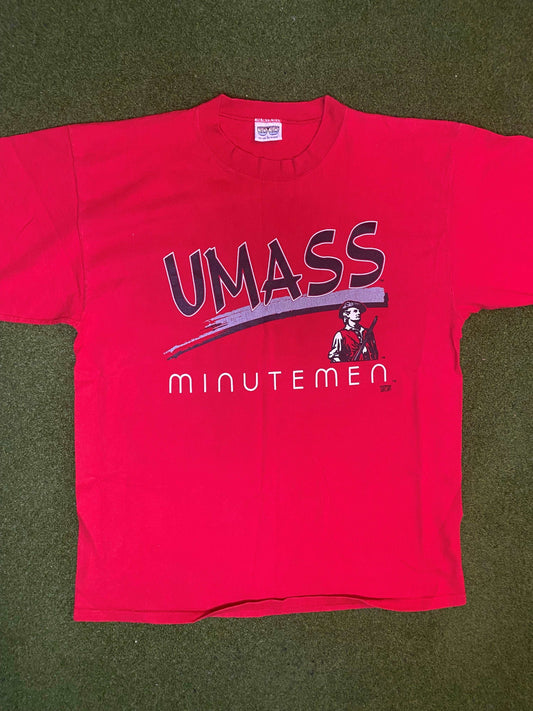 90s UMass Minutemen - Vintage College Tee Shirt (Large) - Gametime Vintage