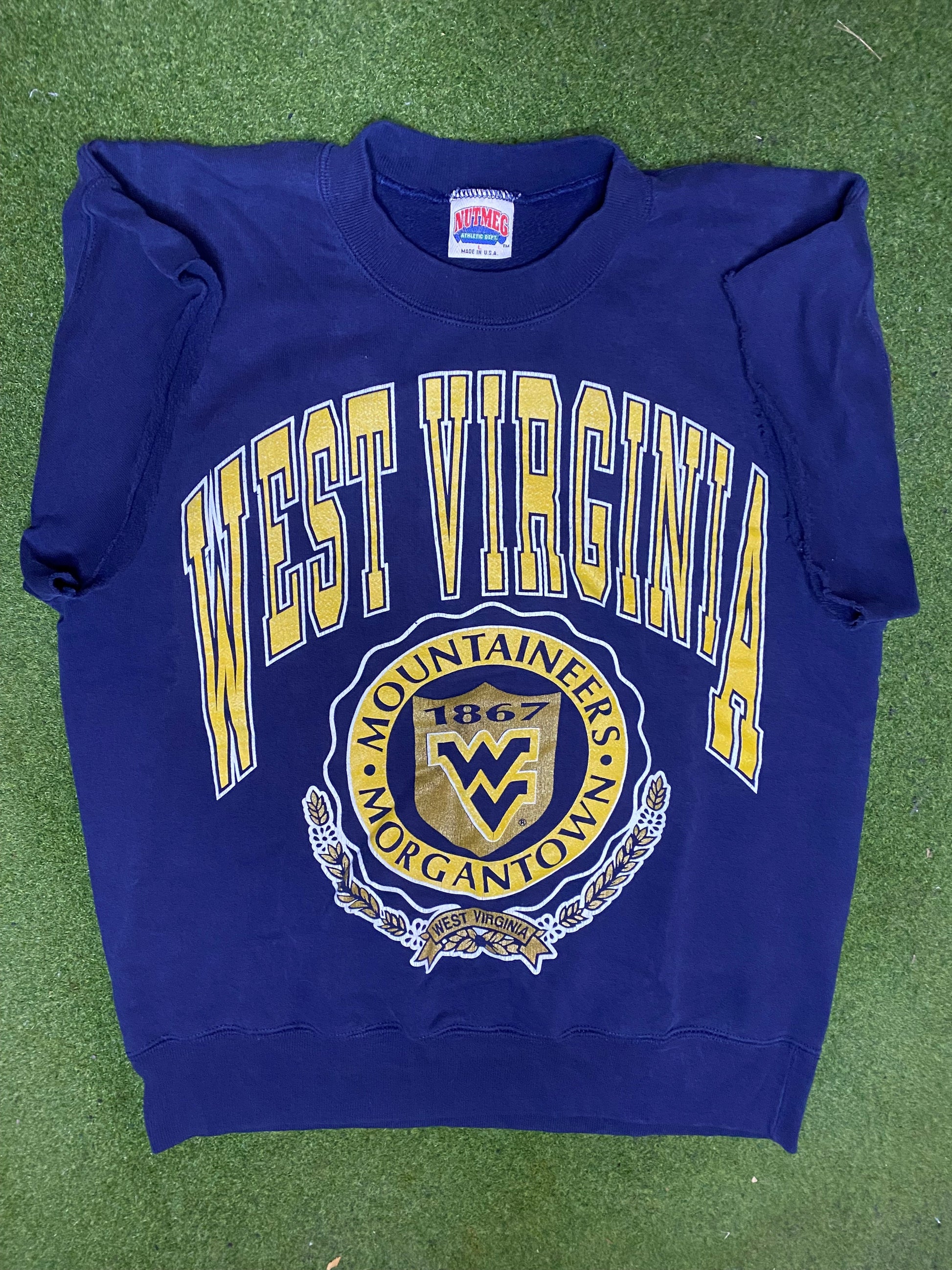 90s West Virginia Mountaineers - Vintage College Cutoff Sweatshirt (Large) 