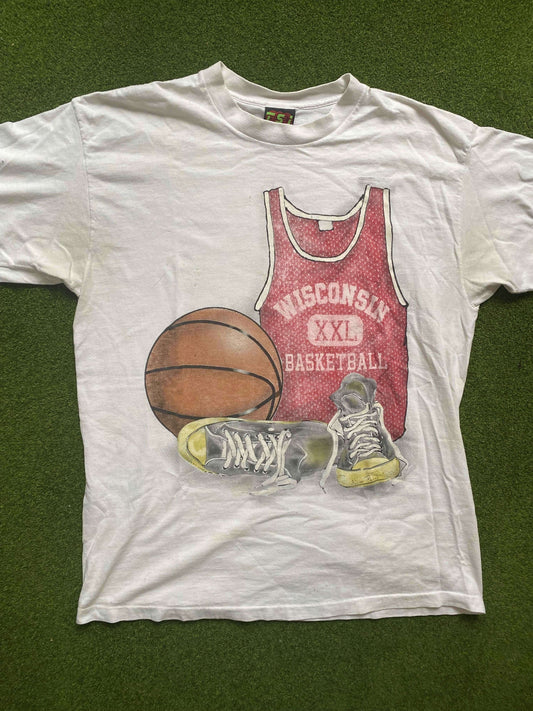 90s Wisconsin Badgers - Vintage College Basketball Tee Shirt (Large)