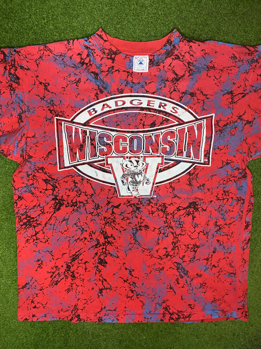 90s Wisconsin Badgers - Tie Dye - Vintage College T Shirt (XL) - Gametime Vintage