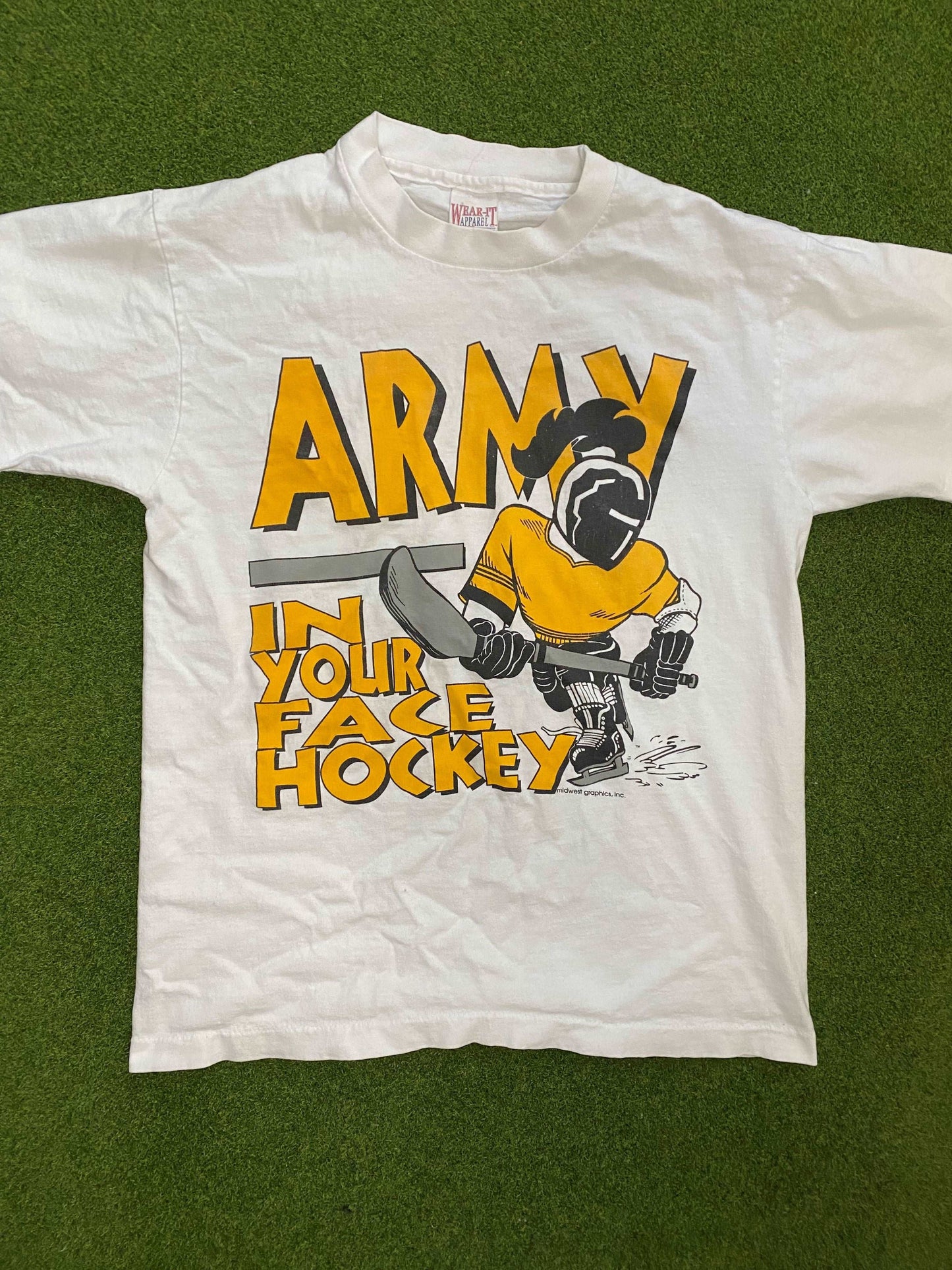 90s Army Black Knights - In Your Face Hockey - Vintage College Tee Shirt (Medium)