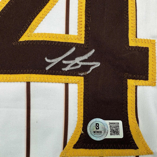 Framed Autographed/Signed Luis Arraez 35x39 San Diego Pinstripe Baseball Jersey Beckett BAS COA