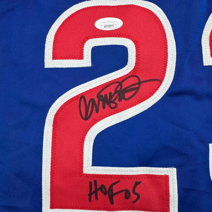 Framed Autographed/Signed Ryne Sandberg 35x39 HOF 05 Chicago Blue Baseball Jersey JSA COA