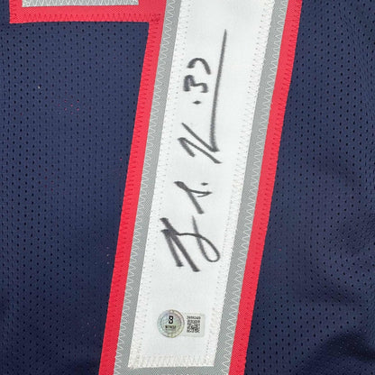 Framed Autographed/Signed Rodney Harrison 35x39 New England Blue Football Jersey Beckett BAS COA