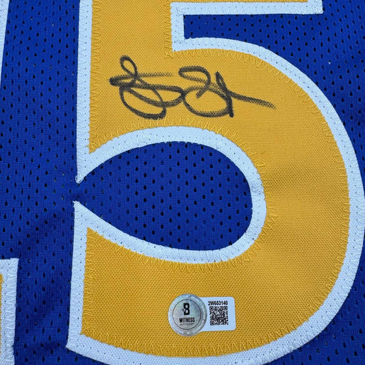 Framed Autographed/Signed Latrell Sprewell 35x39 Golden State Blue Basketball Jersey Beckett BAS COA