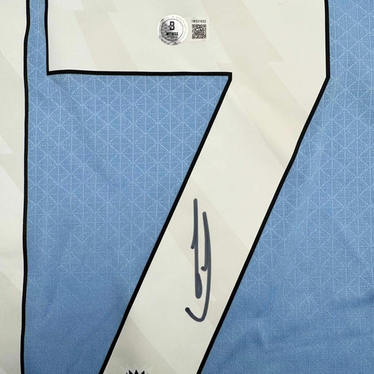 Framed Autographed/Signed Kevin De Bruyne 35x39 Manchester City Blue Soccer Futbol Jersey Beckett BAS COA