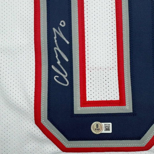 Framed Autographed/Signed Christian Gonzalez 35x39 New England White Football Jersey Beckett BAS COA