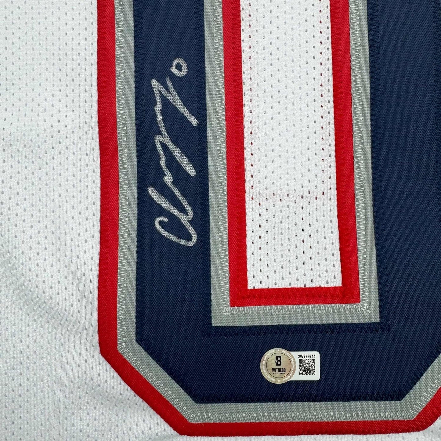 Framed Autographed/Signed Christian Gonzalez 35x39 New England White Football Jersey Beckett BAS COA