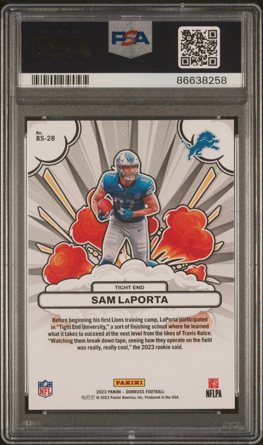 Graded 2023 Panini Donruss Sam LaPorta #BS28 Bomb Squad Rookie RC Football Card PSA 10 Gem Mint