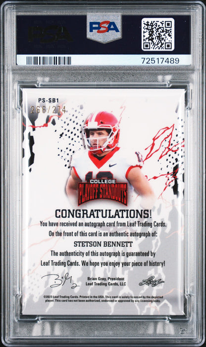 Graded 2023 Leaf College Playoff Standouts Stetson Bennett #SB1 Autographed #/274 Rookie RC Football Card PSA/DNA 10 Gem Mint Auto Grade 10