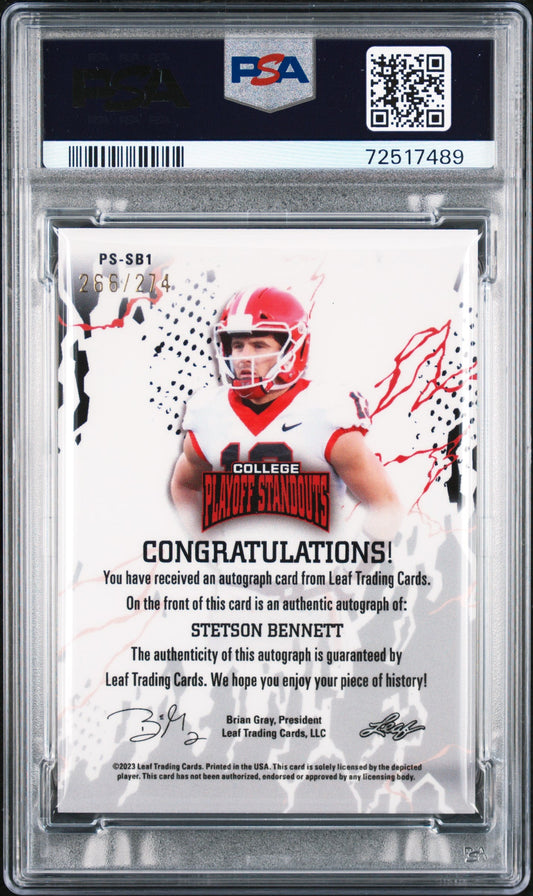 Graded 2023 Leaf College Playoff Standouts Stetson Bennett #SB1 Autographed #/274 Rookie RC Football Card PSA/DNA 10 Gem Mint Auto Grade 10