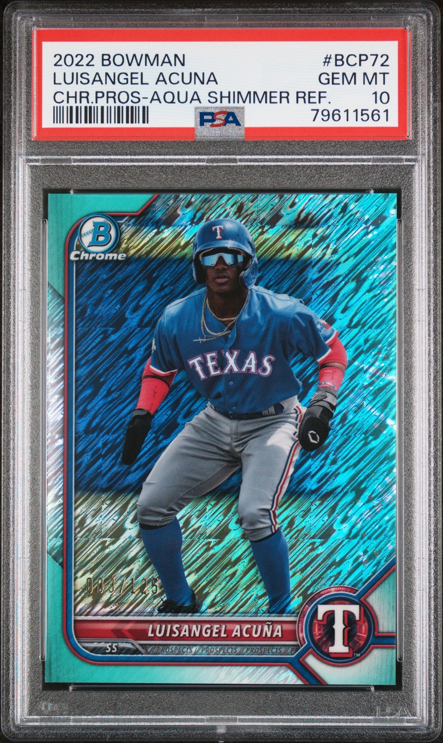 Graded 2022 Topps Bowman Luisangel Acuna #BCP72 Chrome Prospects Aqua Shimmer Refractor #/125 Rookie RC Baseball Card PSA 10 Gem Mint